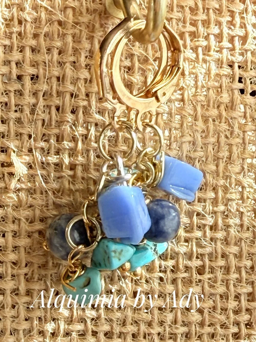 Gold Hoop Earrings with Turquoise, Light Blue aquamarine and Blue-Gray Beads